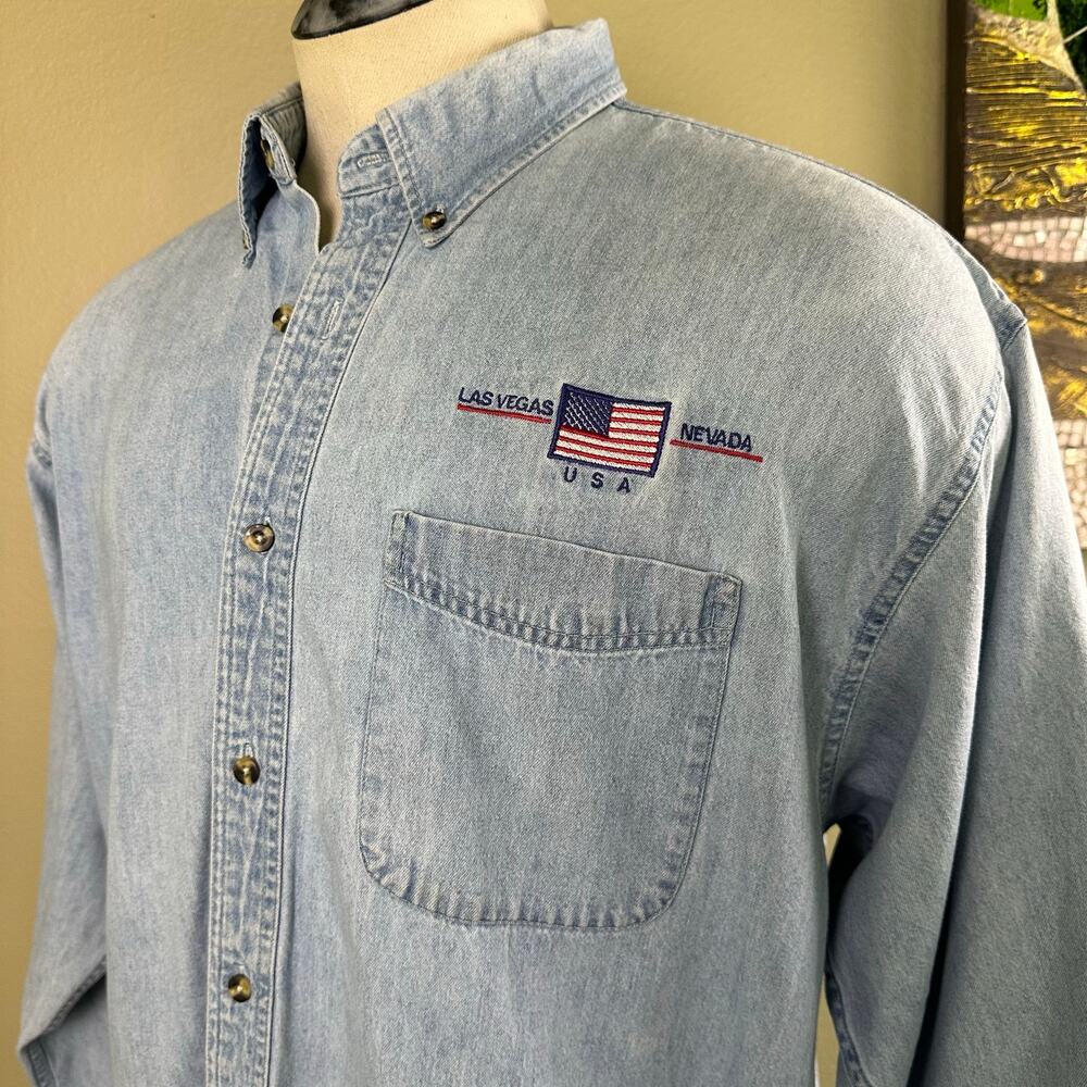 Port Authority Men XL Denim Las Vegas button down Long sleeve shirt
